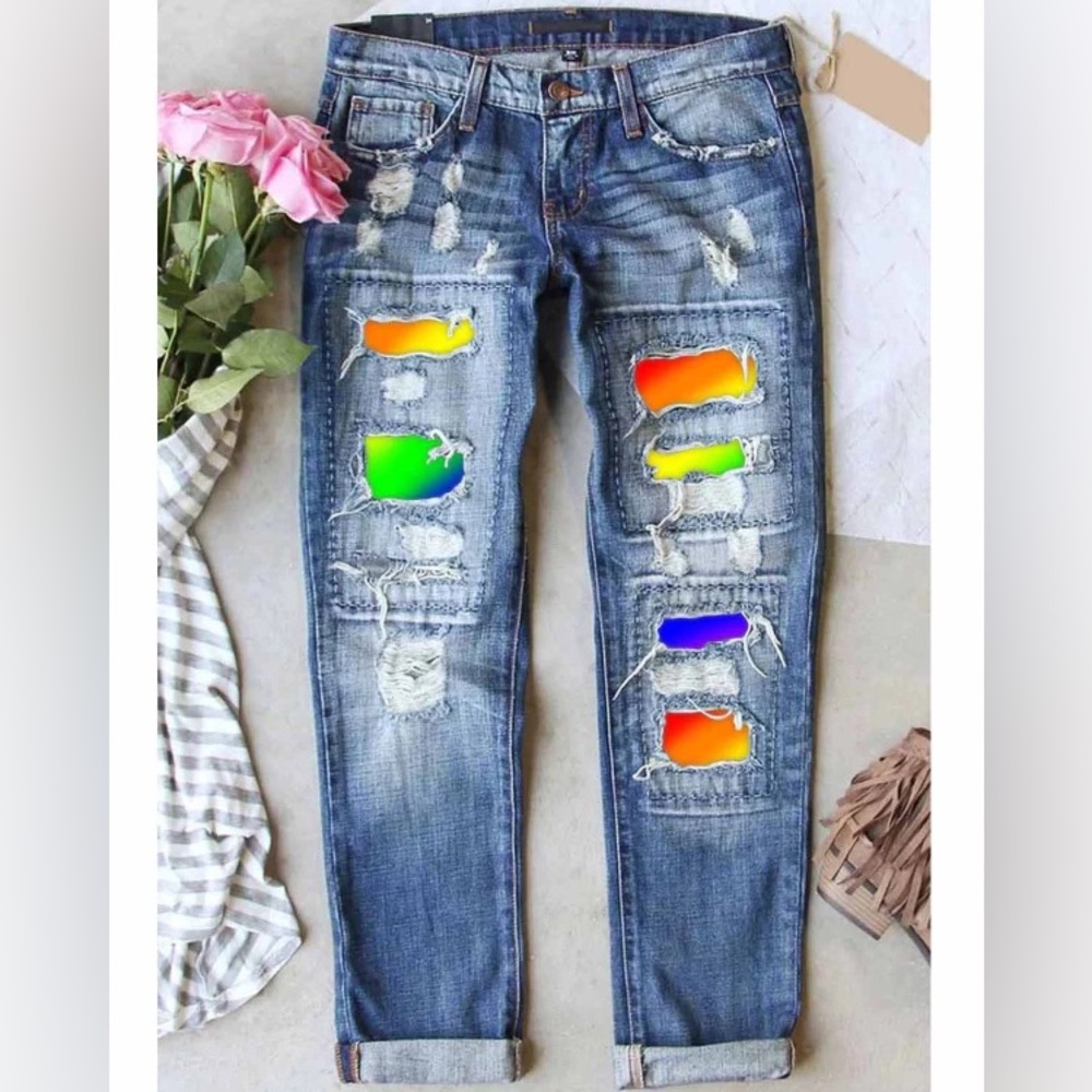 Rainbow Bandana Patched Jeans size L